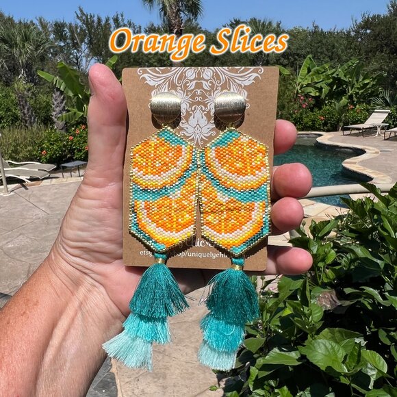 Handmade Beaded Orange Slices Long Tassel Fringe Dangle Drop Post Earrings Wow! - Picture 9 of 11